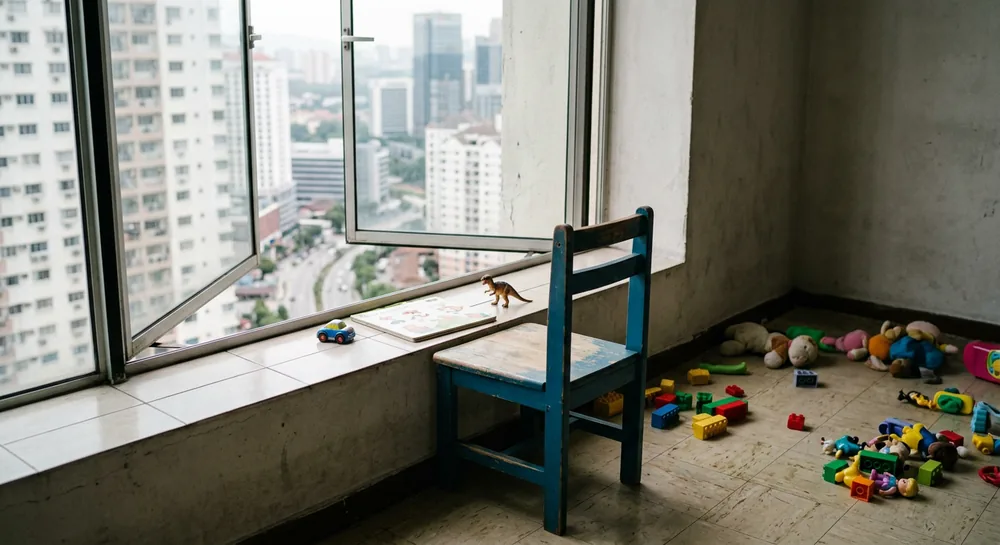 Chair pushed against window sill without balcony safety cable in Malaysian apartment — child safety hazard