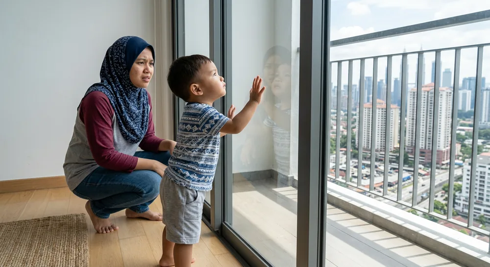 Curious Malaysian toddler reaching toward a balcony glass door with no balcony safety cable installed