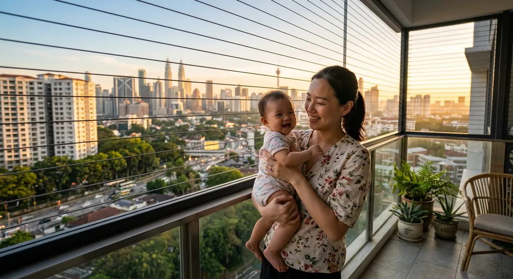 Malaysian mother holding baby safely on condo balcony with balcony safety cable installed