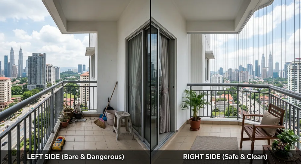 Before and after comparison of Malaysian condo balcony with balcony safety cable installation