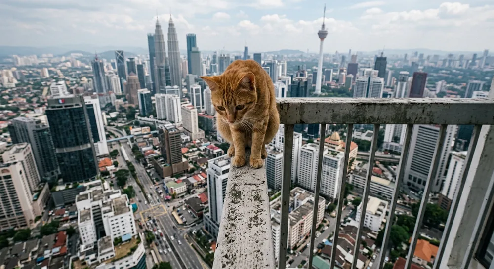 Cat sitting dangerously on a Malaysian high-rise balcony railing with no balcony safety cable