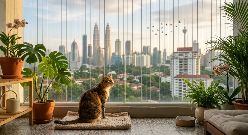 Happy cat sitting safely behind balcony safety cable cables on a Malaysian condo balcony