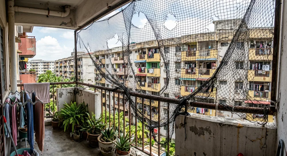 Torn cat netting on a Malaysian apartment balcony — weaker alternative to balcony safety cable