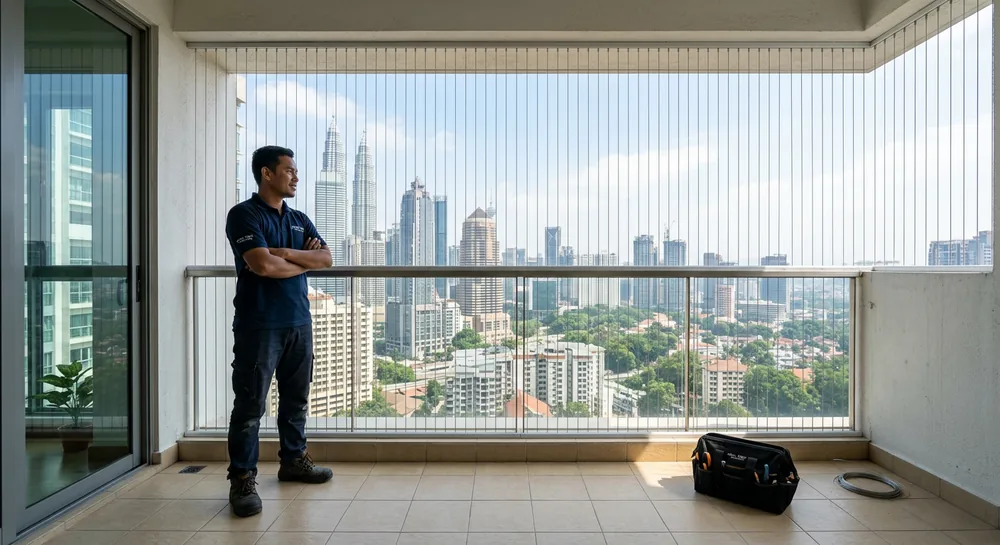 Completed balcony safety cable installation on a Malaysian condo balcony with nearly invisible cables