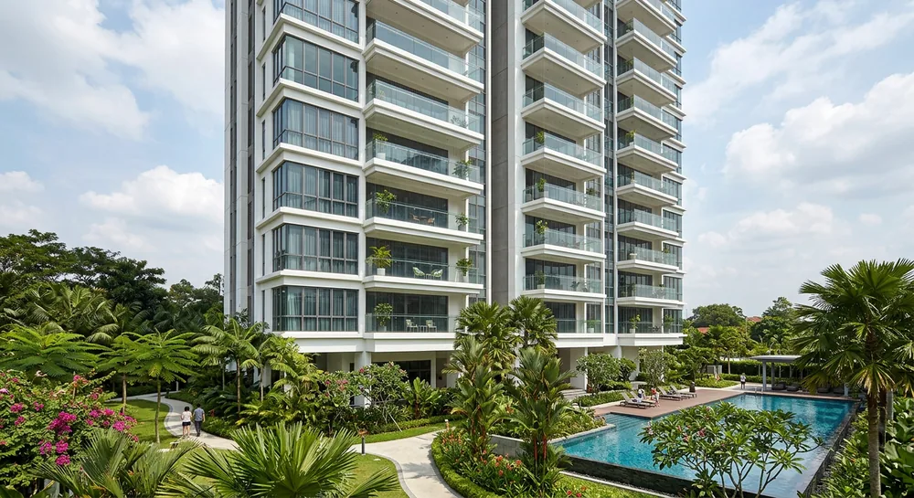 Modern Malaysian condominium tower with balcony safety cable installed on multiple balconies