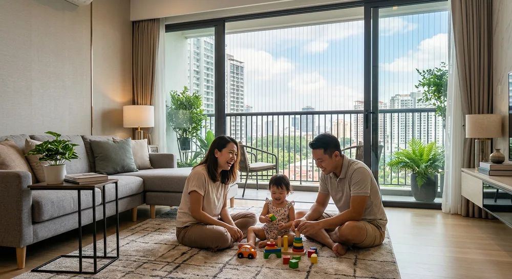 Malaysian condo living room with family and toddler, balcony safety cable visible on balcony for safety