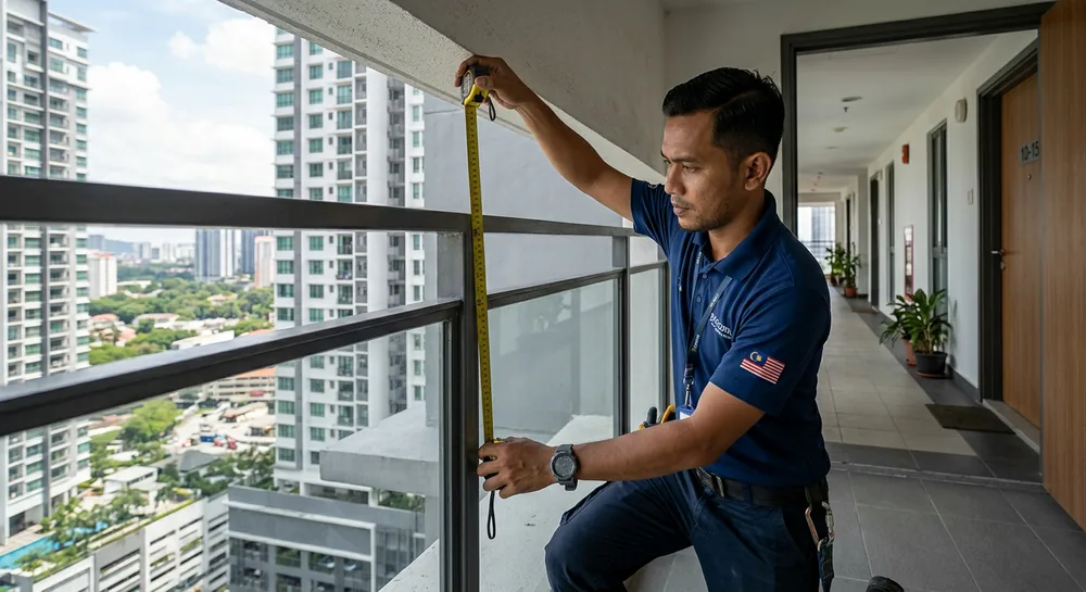 Professional Malaysian installer measuring a condo balcony railing for balcony safety cable installation