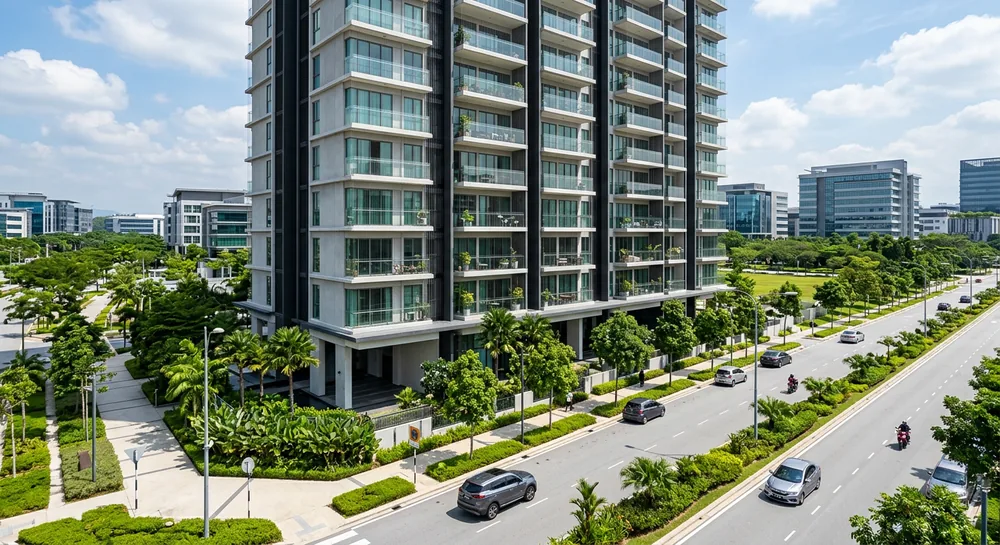 Modern apartment building in Cyberjaya tech hub with wide roads and balconies with balcony safety cable