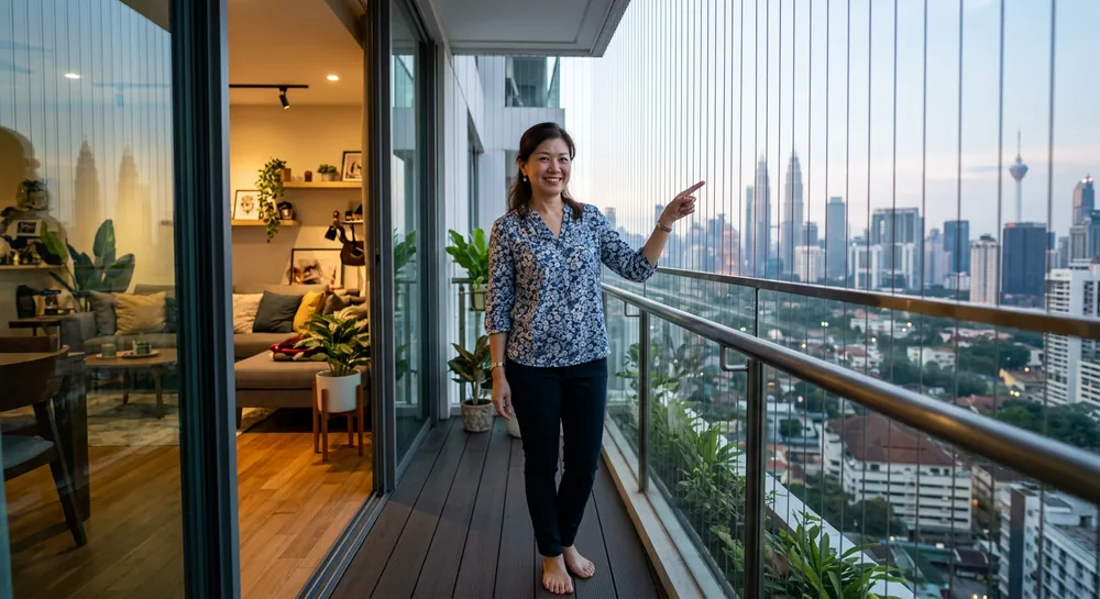 Smiling Malaysian woman proudly showing her balcony safety cable installation on condo balcony