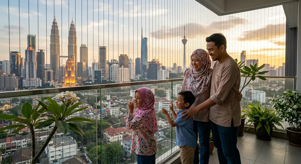 Happy Malaysian family standing safely on their condo balcony with balcony safety cable installed