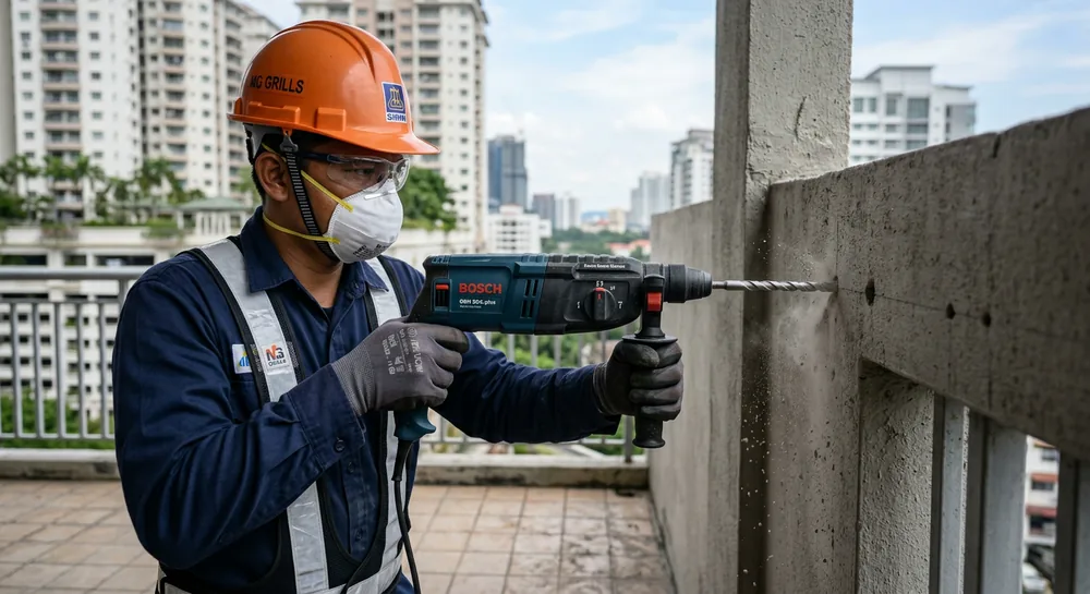 Professional installer drilling anchor points into concrete for balcony safety cable installation