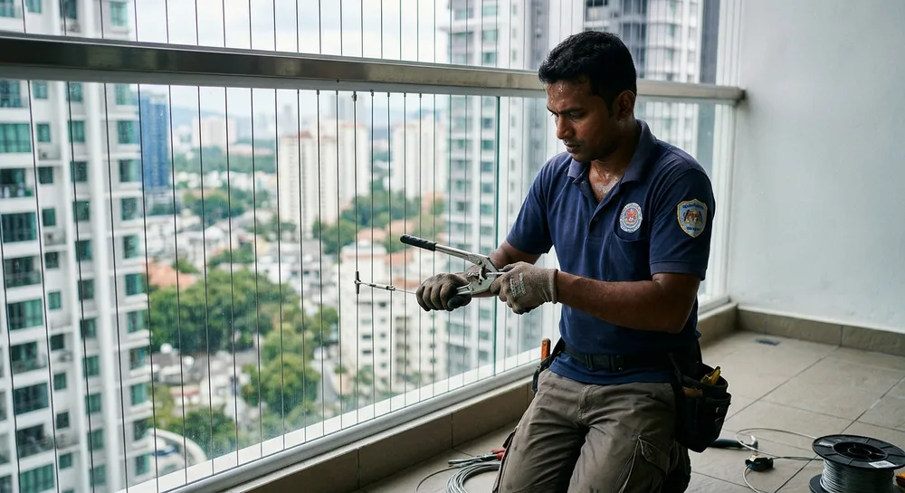 Malaysian installer tensioning stainless steel cables for balcony safety cable on a condo balcony