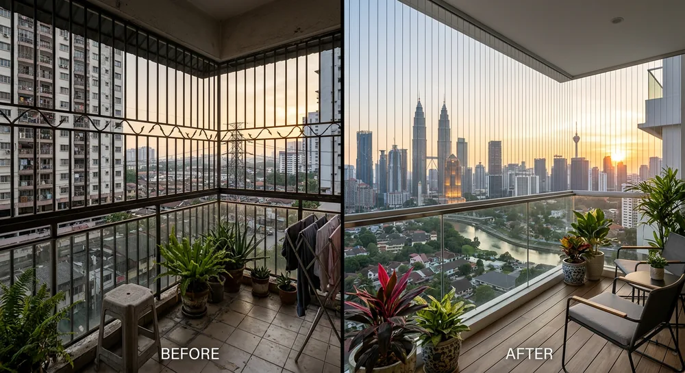 Side by side comparison of traditional metal grills versus balcony safety cable on Malaysian condo balconies