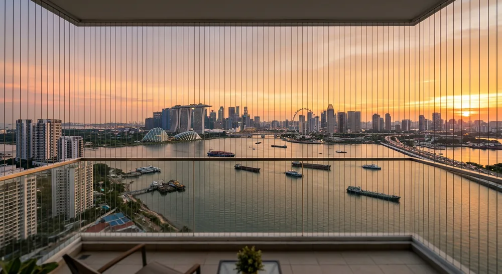 Sunset view from a JB condo balcony toward Singapore with balcony safety cable cables visible