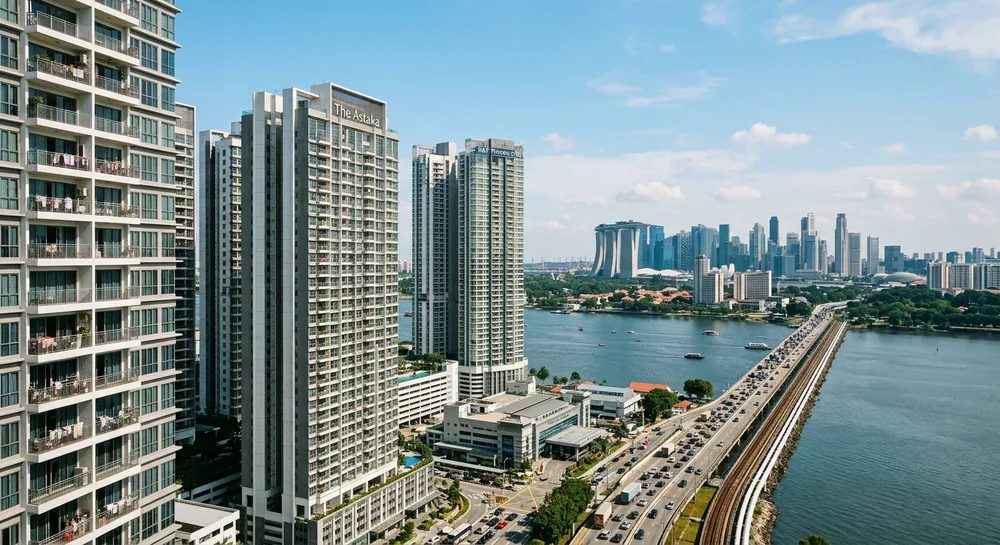 Modern condominium towers in Johor Bahru, a key balcony safety cable installation area, near Singapore