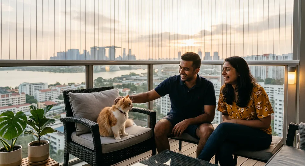 Malaysian Indian couple with their cat on a JB condo balcony with balcony safety cable installed