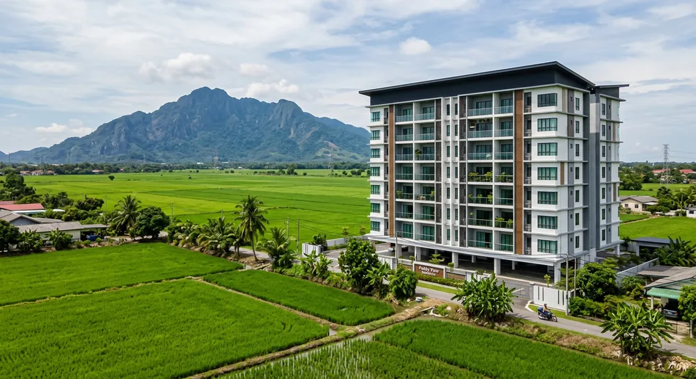 Modern apartment in Alor Setar Kedah with rice paddies and Gunung Jerai — balcony safety cable service area