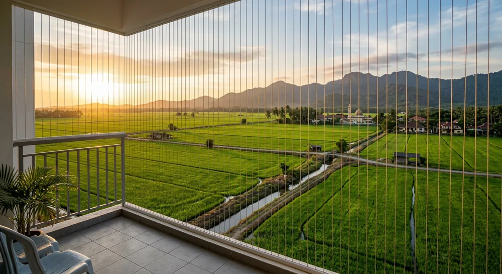 View from a Kedah apartment balcony over green rice paddy fields with balcony safety cable cables