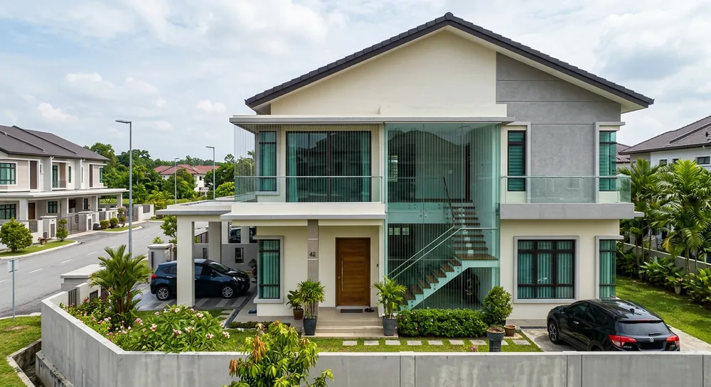 balcony safety cable installed on a modern double-storey house in Kedah with window and staircase protection