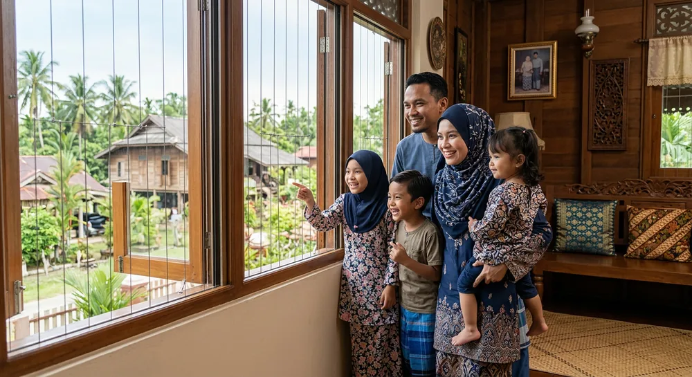 Malay family with children looking through window with balcony safety cable in their Kelantan home