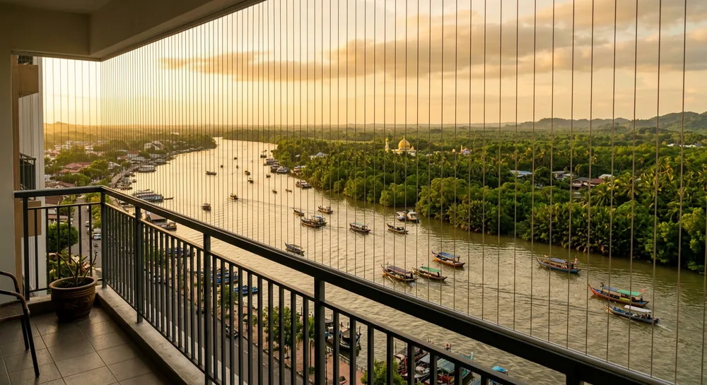 View from Kota Bharu apartment balcony overlooking Kelantan River with balcony safety cable cables and traditional boats