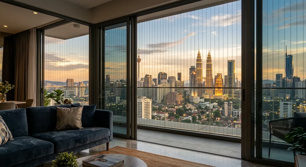 View from a luxury KL condo looking through balcony safety cable cables at the Kuala Lumpur city skyline during golden hour