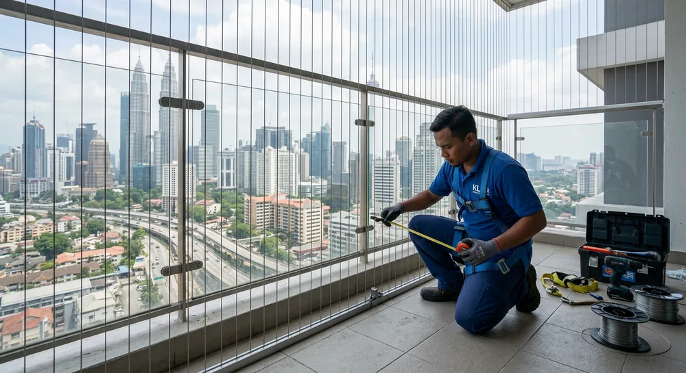 Professional balcony safety cable installer measuring and fitting cables on a KL high-rise condo balcony