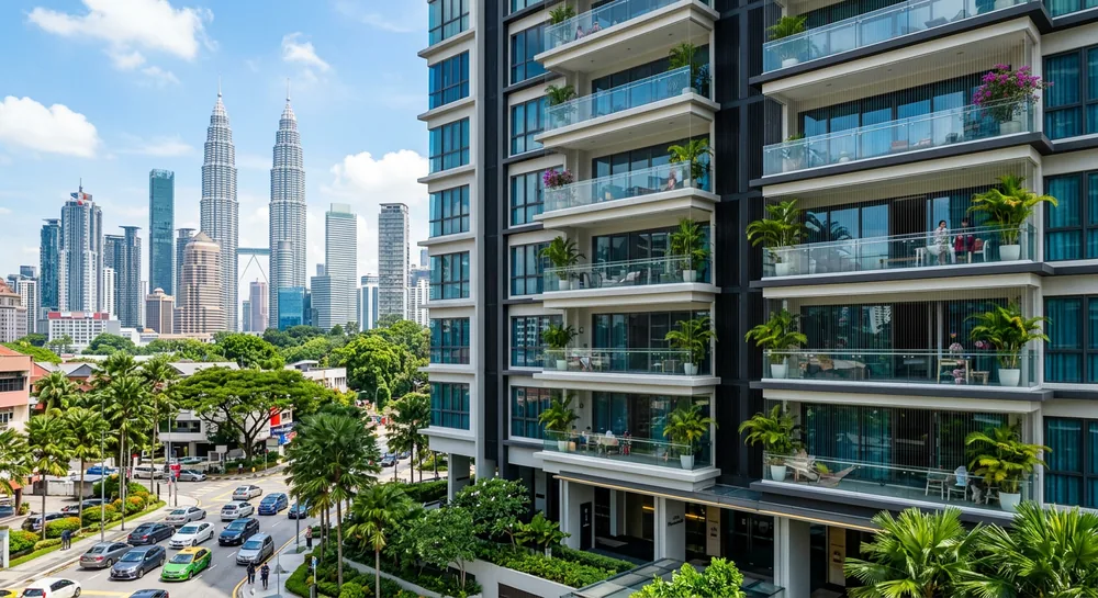 Modern condominium in Kuala Lumpur with Petronas Twin Towers in the background and balcony safety cable installed on balconies