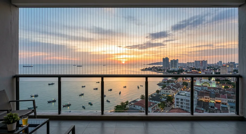 Sunset view from a Melaka condo balcony overlooking the Straits of Malacca with balcony safety cable cables