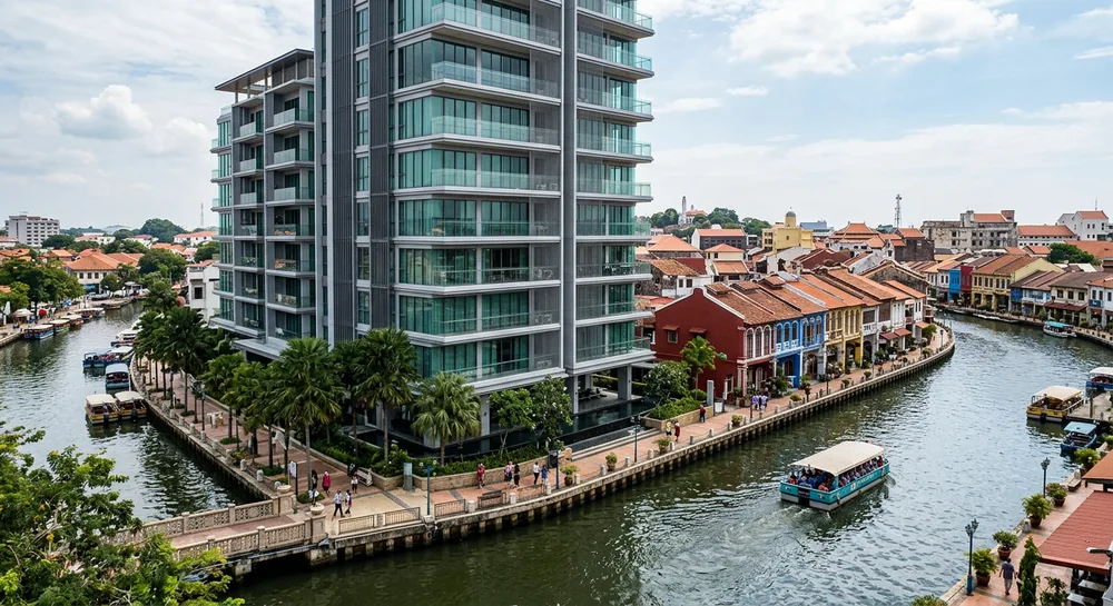 Condominium along the Melaka River with heritage buildings — a balcony safety cable installation hotspot