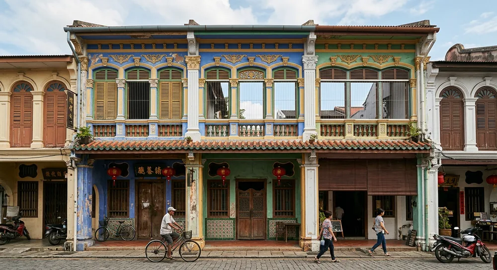 balcony safety cable installed on a renovated Peranakan shophouse in Melaka old town preserving heritage facade