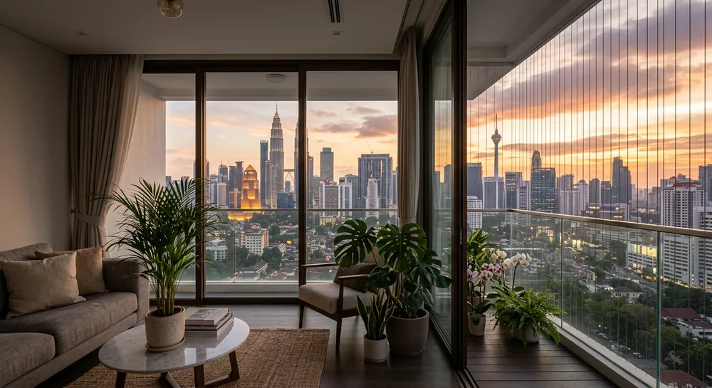 Beautiful open city view from inside a modern Malaysian condo through nearly balcony safety cable cables