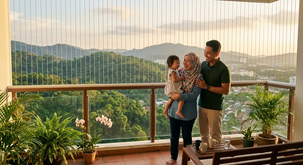Young Malay family with toddler on Seremban apartment balcony with balcony safety cable and Negeri Sembilan hills