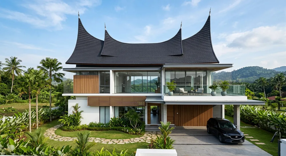 Modern house in Negeri Sembilan with Minangkabau-style roof and balcony safety cable on upper windows