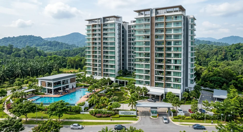 Modern condominium in Seremban Negeri Sembilan with green hills — balcony safety cable service area