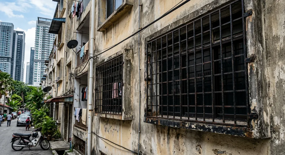 Traditional heavy metal window grills looking like prison bars — unlike a nearly balcony safety cable