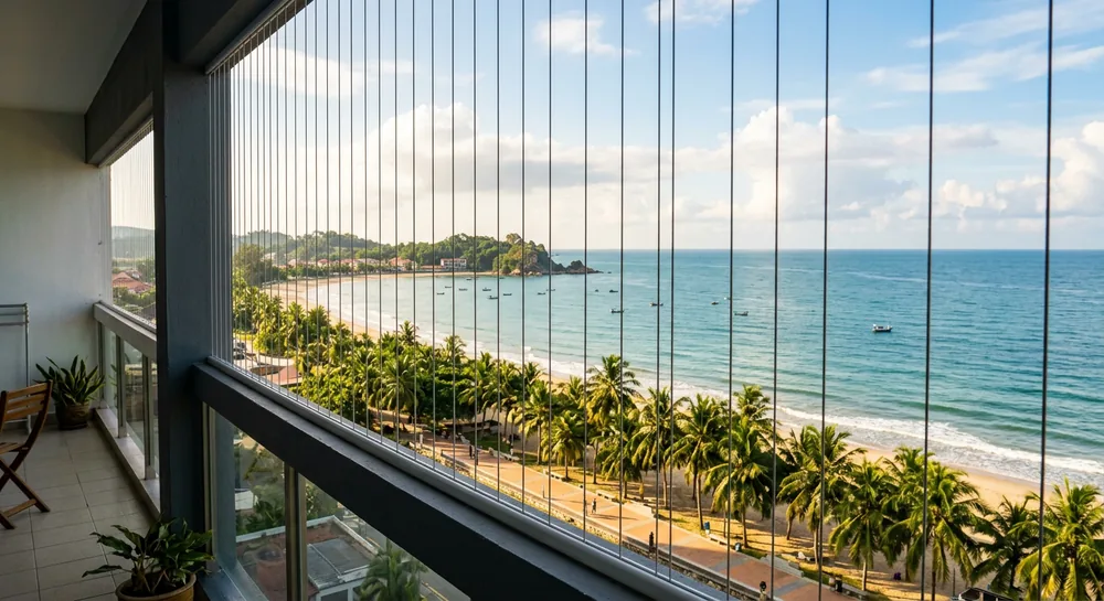 View from a Kuantan condo balcony over South China Sea beach with balcony safety cable cables and palm trees