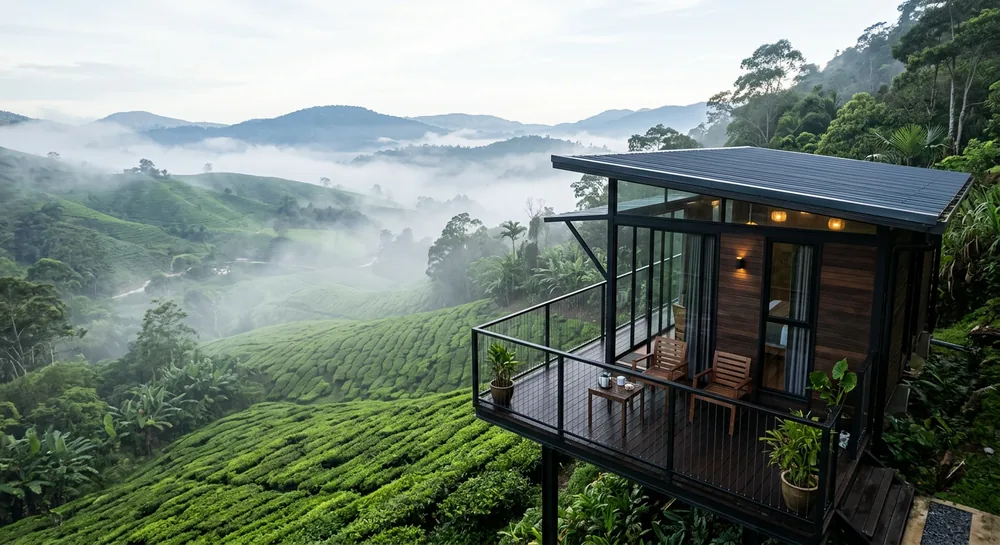 Modern chalet in Cameron Highlands with balcony safety cable balcony overlooking tea plantations and misty hills