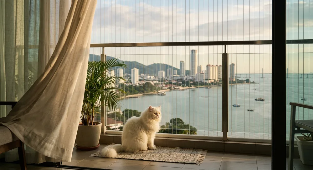 Persian cat safe on a Penang condo balcony behind balcony safety cable cables with skyline behind