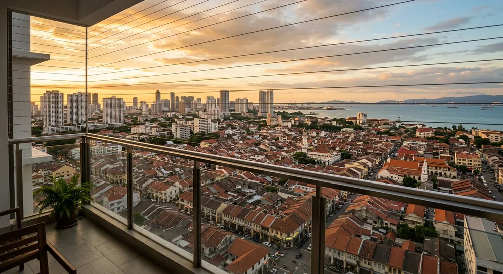 View from a Penang condo balcony over Georgetown rooftops with balcony safety cable cables in foreground