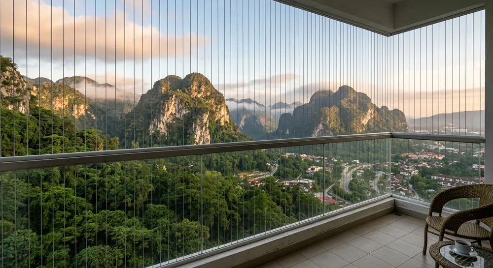 View from an Ipoh condo balcony of Perak limestone hills with balcony safety cable cables in foreground