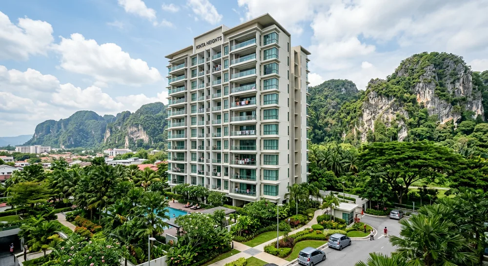 Modern apartment building in Ipoh Perak with limestone hills visible in background and balcony safety cable on balconies