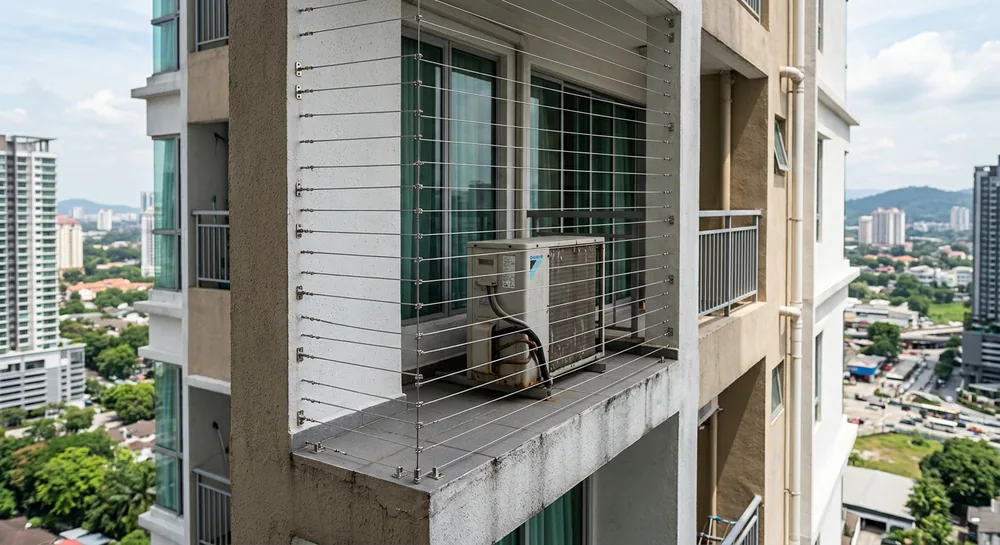 balcony safety cable installed on an aircon ledge of a Malaysian apartment building
