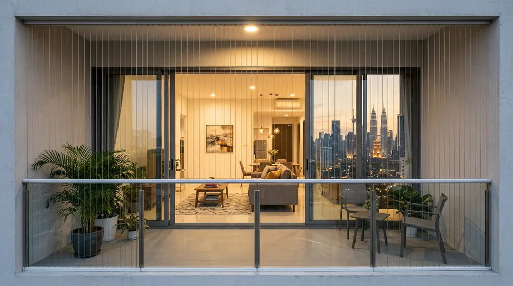 Completed balcony safety cable installation on a modern Malaysian high-rise condo balcony
