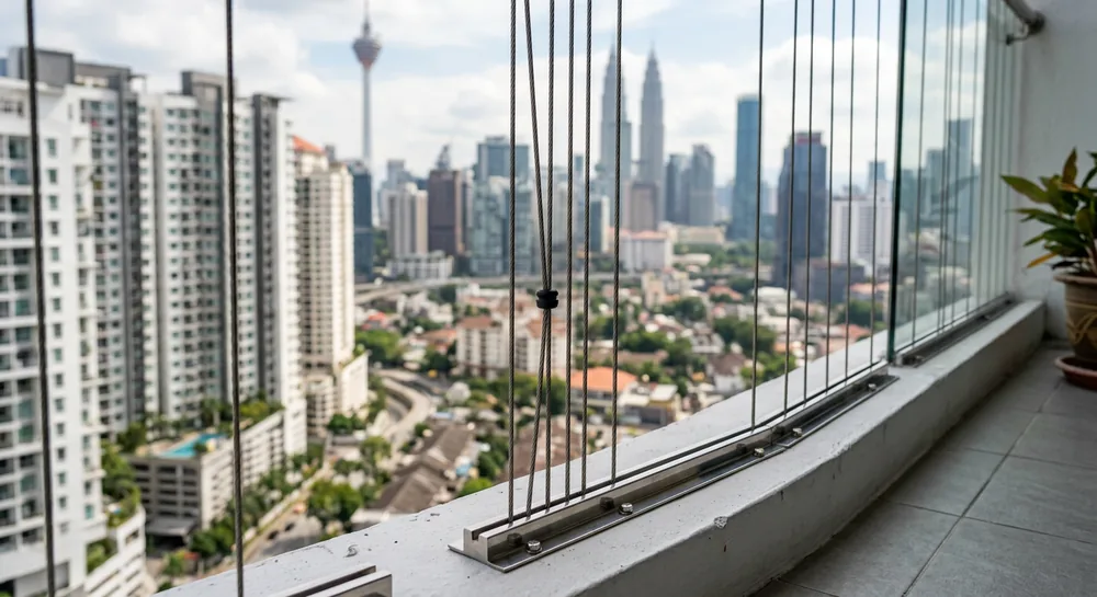 Close-up of stainless steel balcony safety cable cables installed on a Malaysian condo balcony with city view
