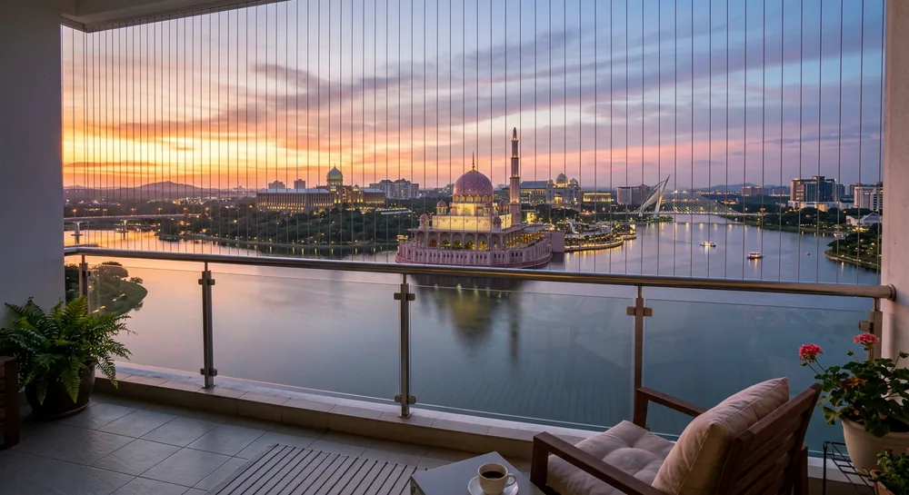 View from Putrajaya condo balcony overlooking Putrajaya Lake with pink Putra Mosque and balcony safety cable cables