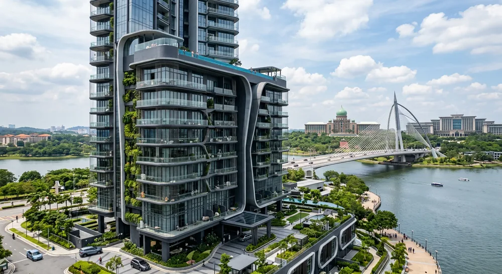 Ultra-modern condominium in Putrajaya with iconic bridge — balcony safety cable service area