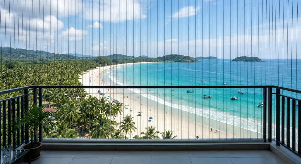 View from a Terengganu apartment balcony overlooking the east coast beach with balcony safety cable cables