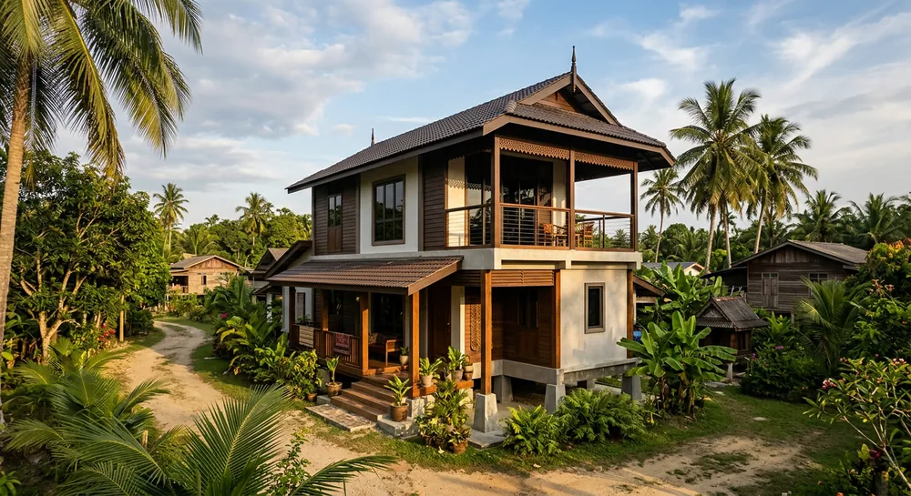 Modern Malay house in Terengganu with traditional architecture and balcony safety cable on upper floor balcony